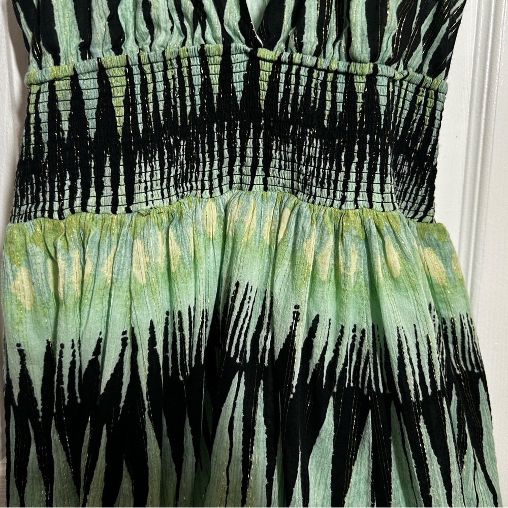 Free People XS Boho Halter Mini Dress Green Abstract Print Smocked Waist - Picture 13 of 15